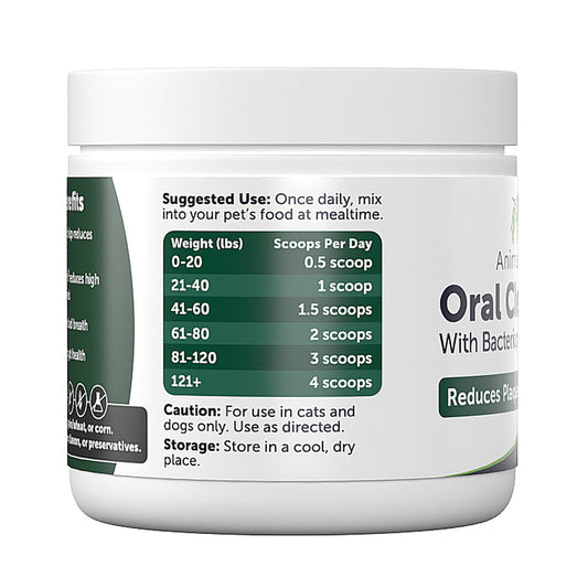 Pet supplement container with usage instructions on a white background