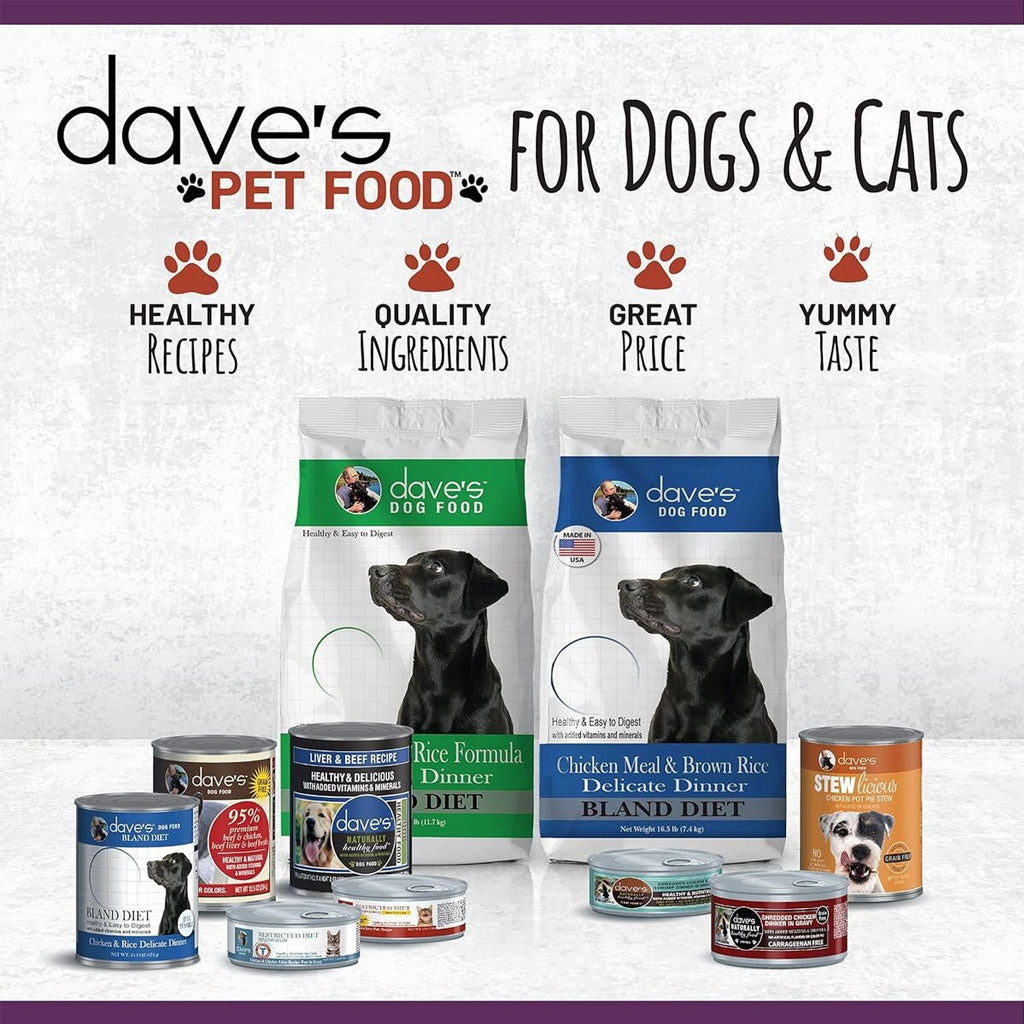 Dave's Pet Food products for dogs and cats on a white background
