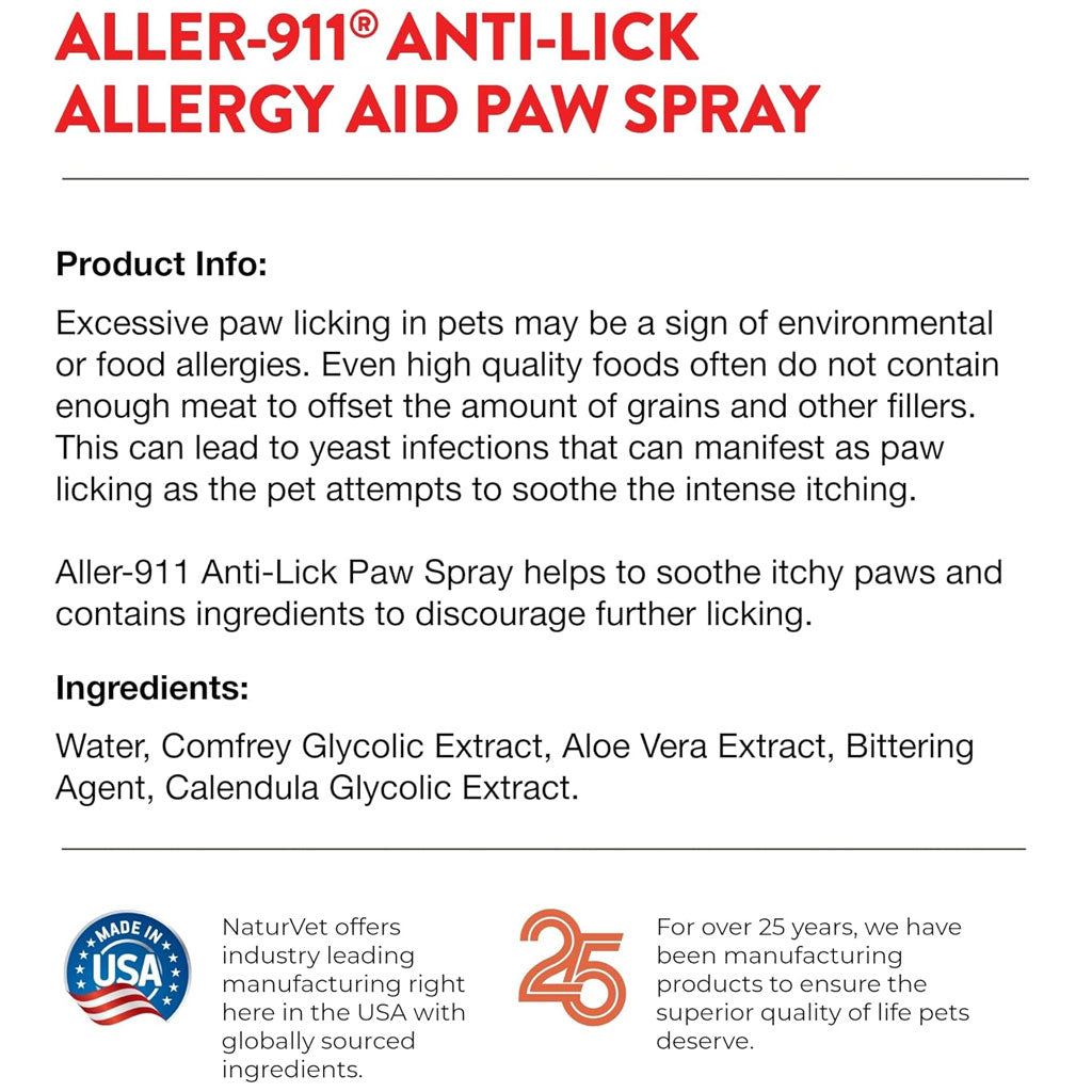 NaturVet Aller-911 Anti-Lick Allergy Aid Paw Spray with Aloe Vera for Dogs & Cats