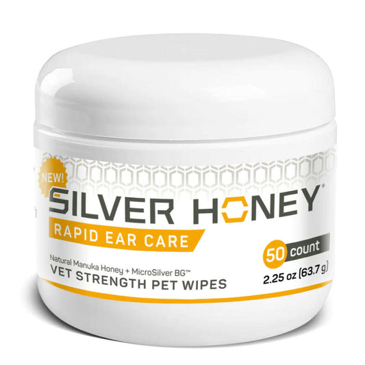 Silver honey pet wipes come in a 50 ct jar and are made with natural ingredients like manuka honey and microsilver bg.