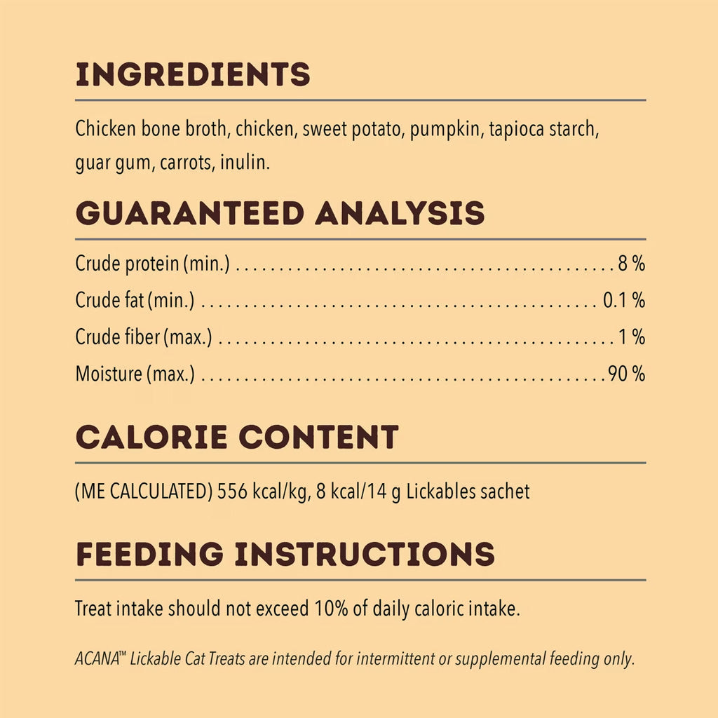 Product label with ingredients, guaranteed analysis, calorie content, and feeding instructions on a beige background.
