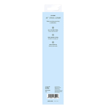 Package of a 10-inch steel comb on a light blue background