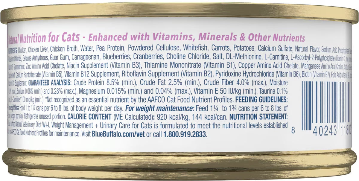 Blue Buffalo Natural Veterinary Diet W + U Weight Management + Urinary Care Chicken Wet Cat Food 5.5-oz case of 24