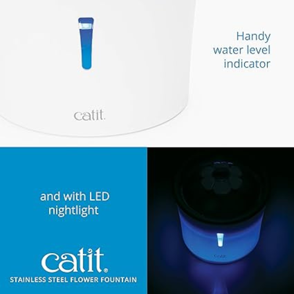Catit LED Stainless Steel Top Flower Drinking Fountain for Cats - Cat Bowls & Feeders 3