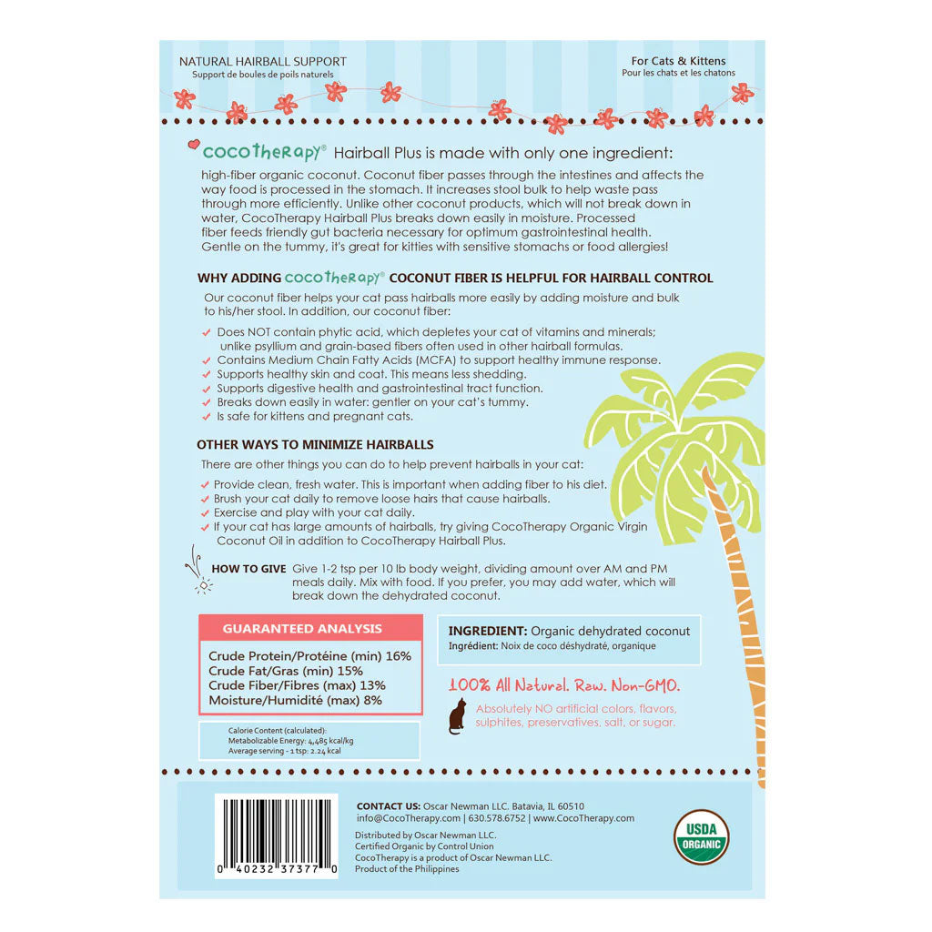 Back of a product packaging for Cococare Coconut Fiber Plus for cats and kittens, with text and branding elements.