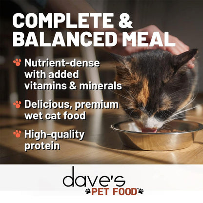 Cat drinking from a bowl with text about dave's pet food, including 'Complete & Balanced Meal' and brand logo.