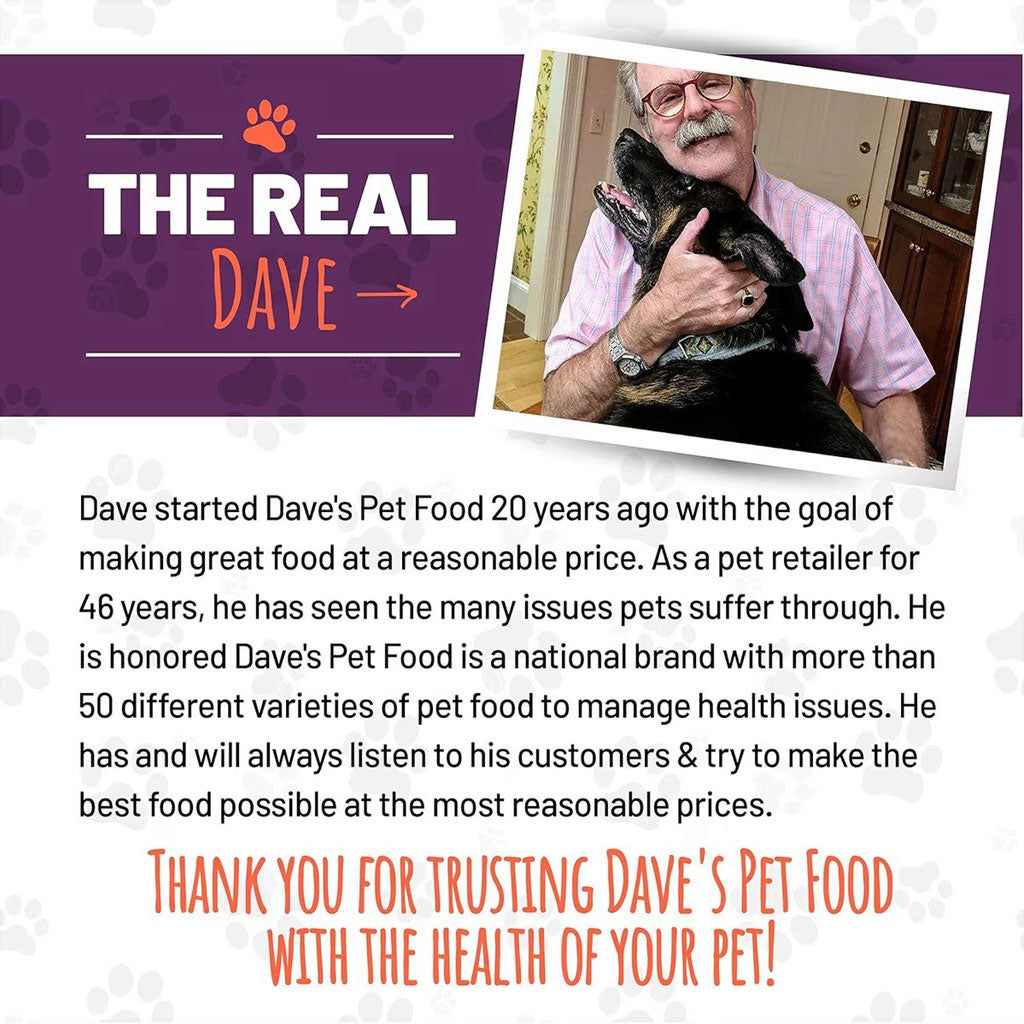 Advertisement for Dave's Pet Food featuring a man with a dog and text about the brand's history and values.