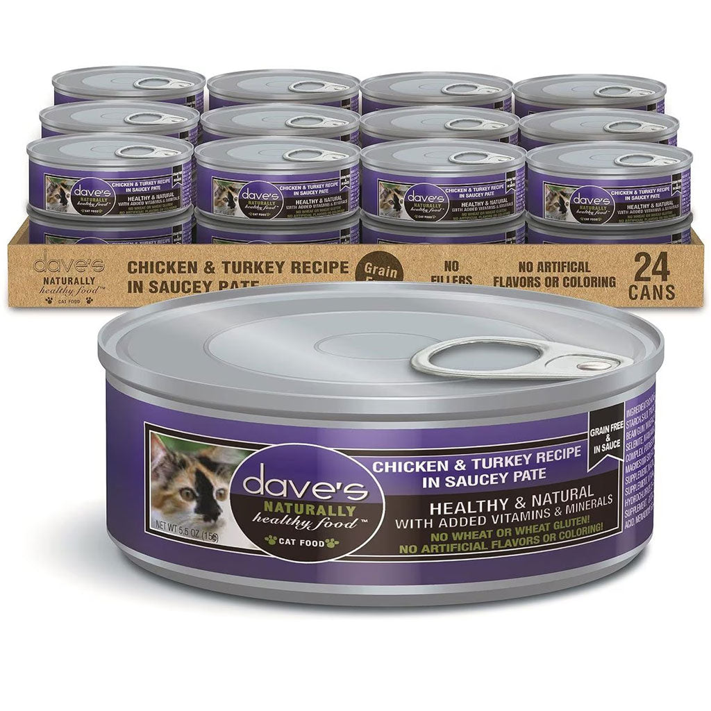 Dave's Pet Food Saucey Pate Chicken & Turkey Recipe Grain-Free Canned Wet Cat Food, 5.5-oz can, case of 24