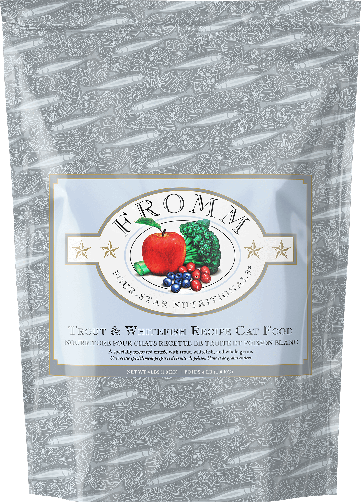 Package of Fromm Four-Star Nutritional Trout & Whitefish Recipe cat food with a gray background