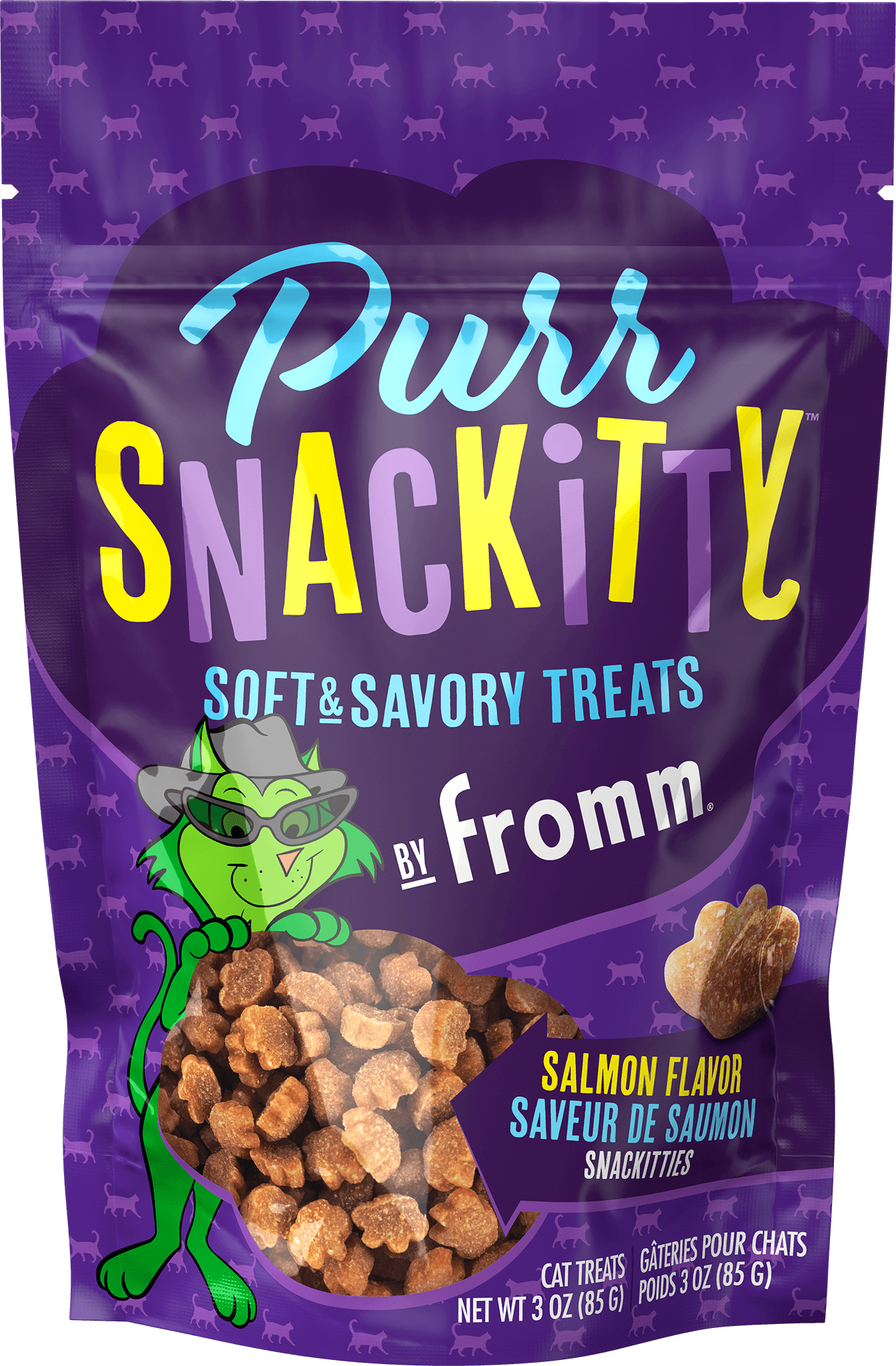 Puri Snackitty soft and savory treats packaging by Fromm on a purple background with cat illustrations.