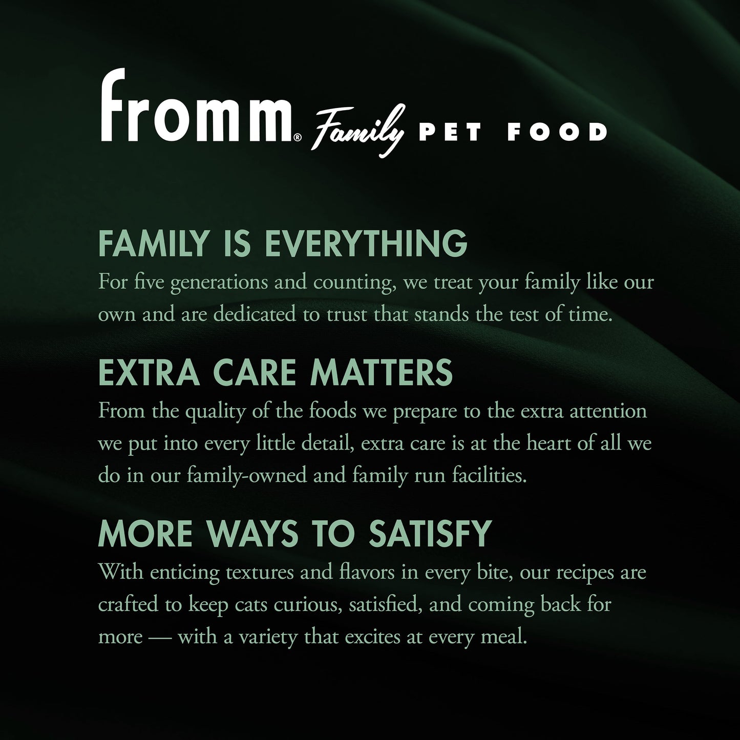 Fromm Family Pet Food advertisement with text on a dark background