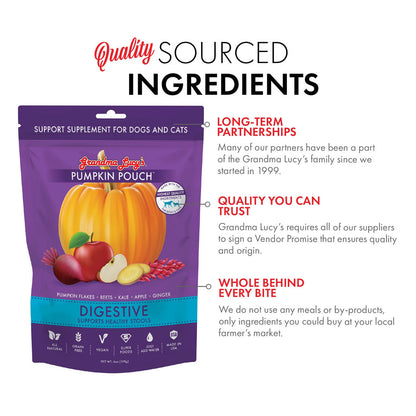Purple package of Grandma Lucy's Pumpkin Pouch with text about quality sourced ingredients on a white background