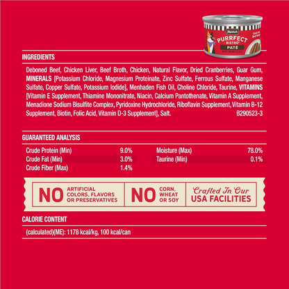 Merrick Purrfect Bistro Grain Free Premium Soft Canned Pate Adult Wet Cat Food High Protein Beef Recipe - 3-oz, case