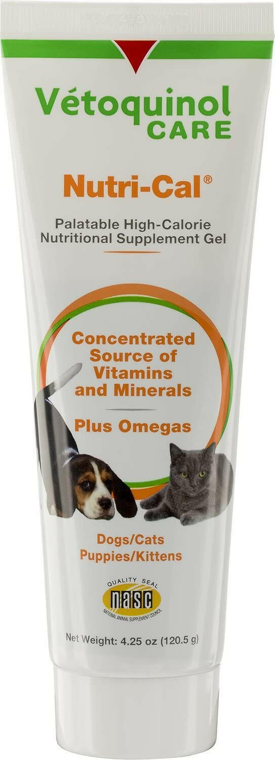 Nutri-Cal nutritional gel for cats and dogs. is available in a 4.25 oz tube. This palatable pet supplement is easy to administer.