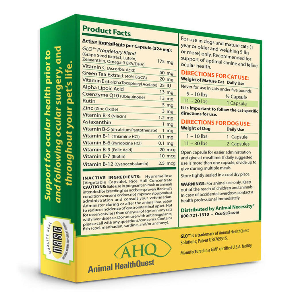Back Label - Active Ingredients, Inactive ingeredients, Directions of use for dogs and cats of Ocu-GLO PB Vision Powder Blend Capsules for Dogs & Cats