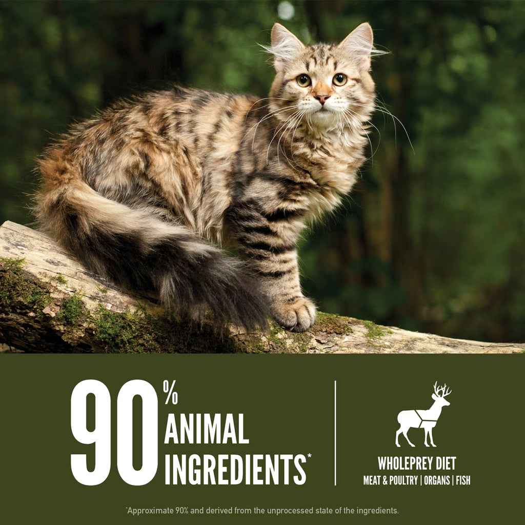 Cat on a branch with text about animal ingredients and Wholeprey Diet branding.