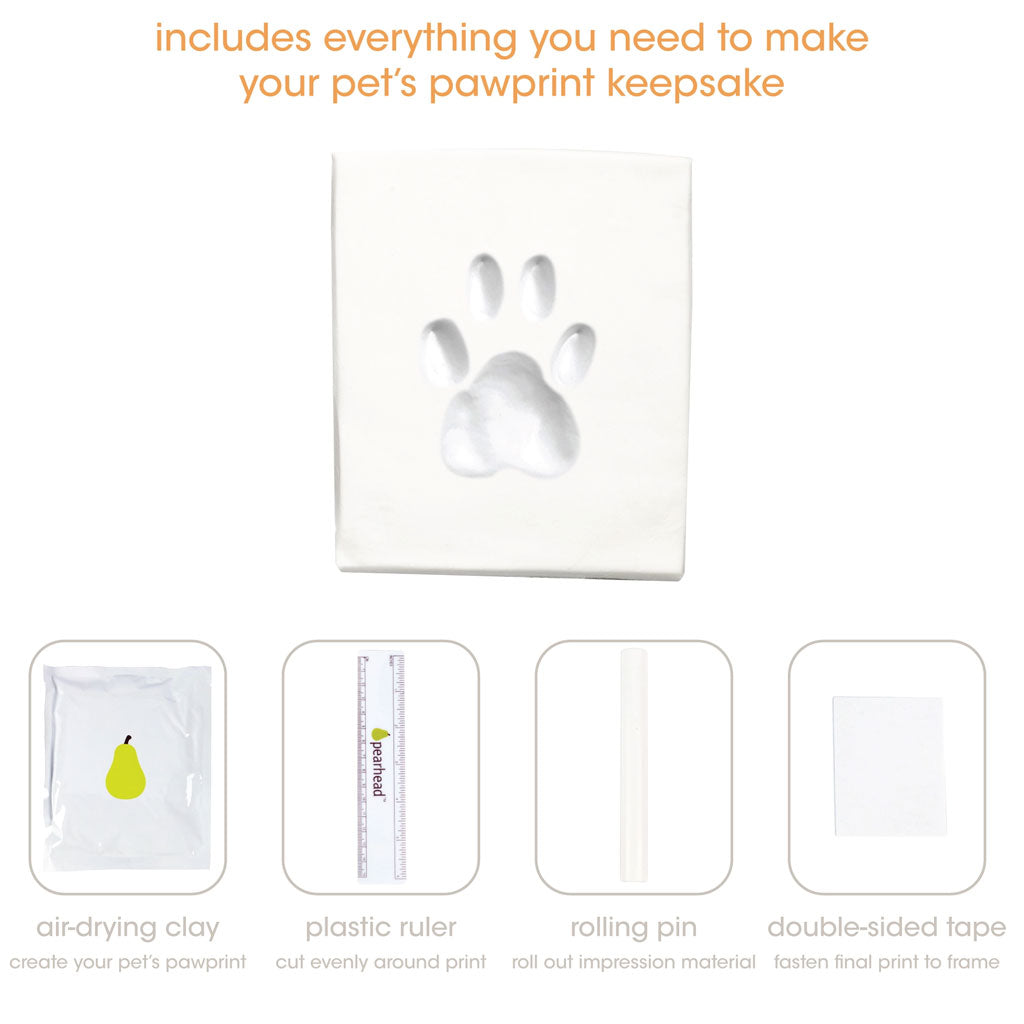 Pet pawprint keepsake kit with air-drying clay, plastic ruler, rolling pin, and double-sided tape on a white background.