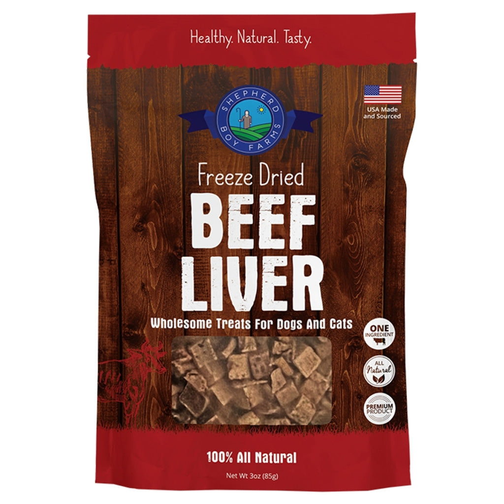 Package of freeze-dried beef liver treats for dogs and cats with a wooden texture and red accents.