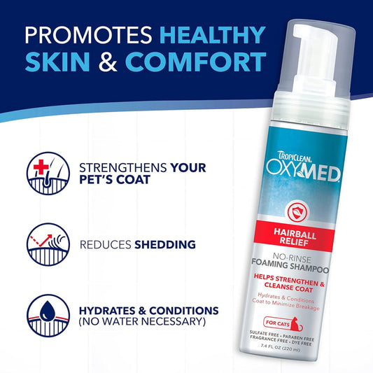 TropiClean OxyMed Hairball Relief No-Rinse Foaming Shampoo for Cats (7.4 oz)