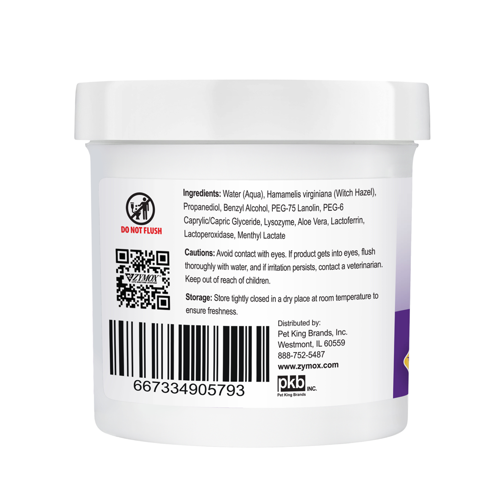 Back Label of Zymox Advanced Enzymatic Ear Wipes for Dogs & Cats - 100 Count